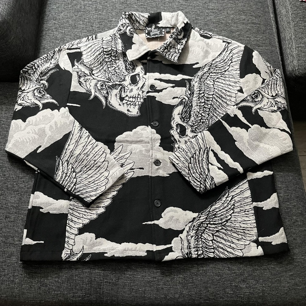 Rebel Vengeance Jacket Mens Medium Black Skull Wings Tapestry Button Bomber
